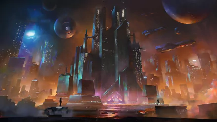 Futuristic sci-fi cityscape with towering skyscrapers, glowing lights, and hovering spacecraft, captured in an HD PC desktop wallpaper background.