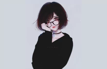 HD anime desktop wallpaper featuring an original character with short black hair and glasses, wearing a black top and a choker necklace against a light background.