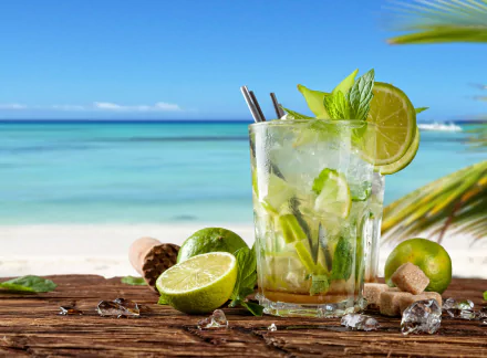 4K Ultra HD image of a refreshing tropical mojito cocktail with lemon, lime, mint, and crushed ice on a wooden surface by a sunny beach.