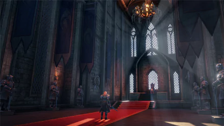 HD PC desktop wallpaper from the video game Dark and Light, depicting a grand, dimly lit castle interior with towering stained glass windows and armored statues.