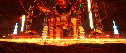 HD desktop wallpaper of a fantasy underground chamber: a massive mechanical building rising from molten lava, a lone child silhouetted nearby.