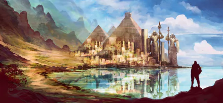 A fantasy landscape featuring towering statues, pyramids, and a city reflected in a serene lake, rendered in vivid 8K Ultra HD detail for a PC desktop wallpaper.