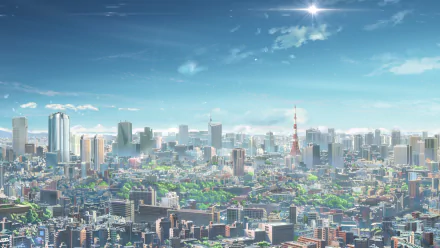 A vibrant 4K Ultra HD anime-style skyline of Tokyo featuring the iconic Tokyo Tower under a bright sun and clear sky, inspired by the film Your Name.