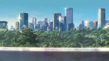 A high-definition desktop wallpaper from the anime Your Name., featuring a lush green foreground with a skyscraper-filled cityscape in the background under a clear blue sky.
