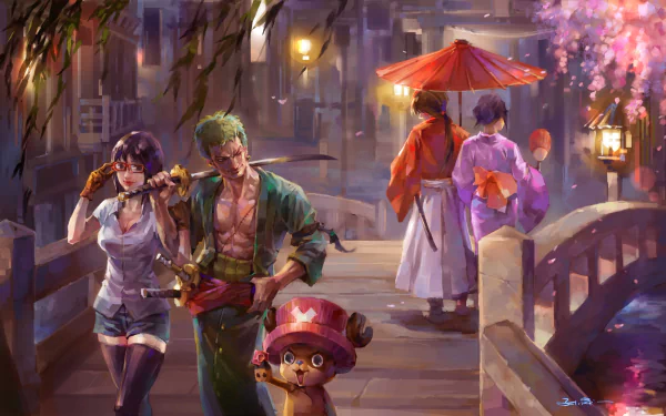 HD desktop wallpaper featuring a crossover of Tashigi, Tony Tony Chopper, and Roronoa Zoro from One Piece with Kenshin Himura from Rurouni Kenshin, set in a beautifully lit evening setting.