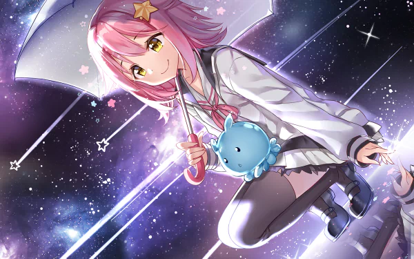 HD PC desktop wallpaper/background of Subaru from the anime Wish Upon the Pleiades: pink-haired girl with umbrella and blue mascot floating against a starry Pleiades space backdrop.