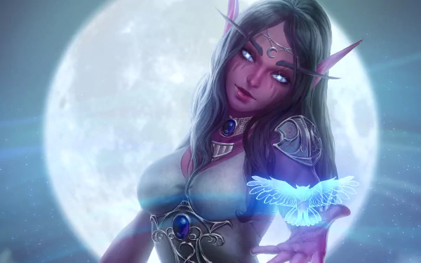 An HD desktop wallpaper featuring Tyrande Whisperwind, an elf from World of Warcraft, with pointed ears, magic, and a glowing blue bird, illuminated by a large, bright moon in the night sky.