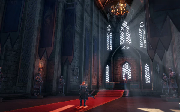 HD PC desktop wallpaper from the video game Dark and Light, depicting a grand, dimly lit castle interior with towering stained glass windows and armored statues.
