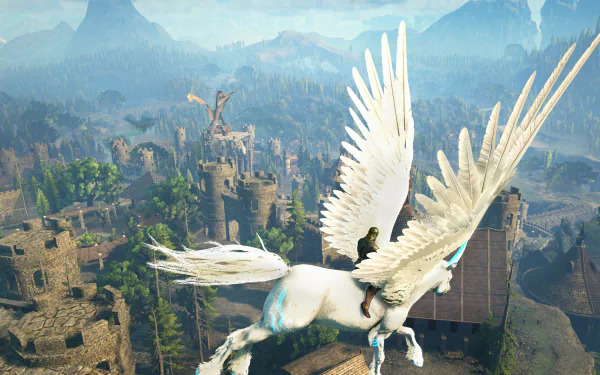 HD PC desktop wallpaper: a white pegasus soars above ruined castles and misty forests in the video game Dark and Light.