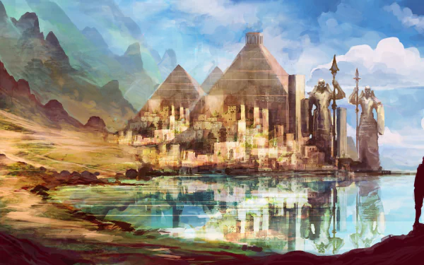 A fantasy landscape featuring towering statues, pyramids, and a city reflected in a serene lake, rendered in vivid 8K Ultra HD detail for a PC desktop wallpaper.