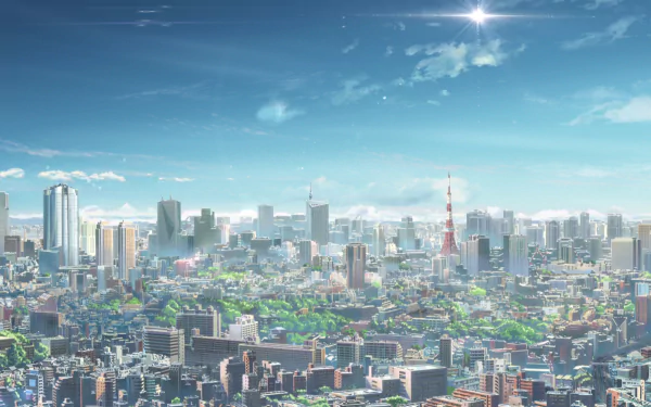 A vibrant 4K Ultra HD anime-style skyline of Tokyo featuring the iconic Tokyo Tower under a bright sun and clear sky, inspired by the film Your Name.