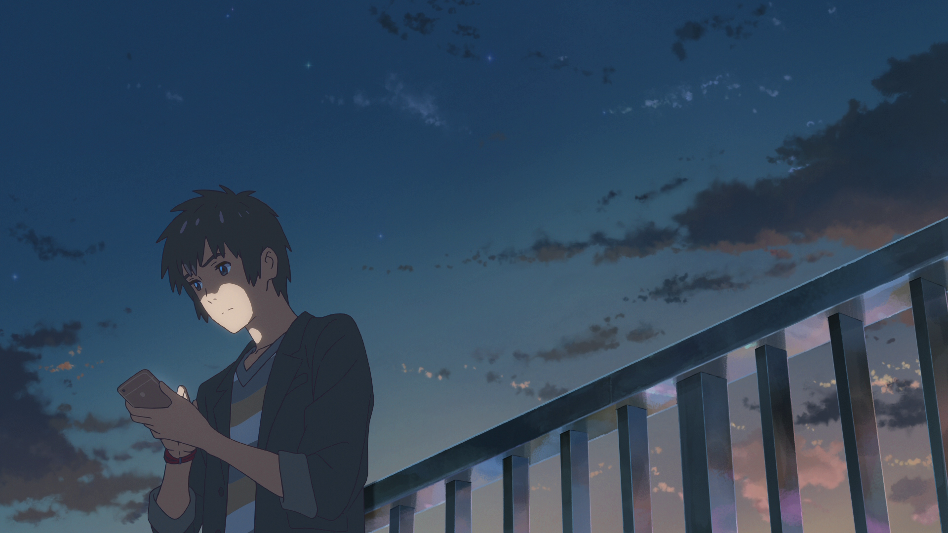 HD anime desktop wallpaper featuring Taki Tachibana from Your Name., standing by a railing at dusk with a calm, moody sky in the background.