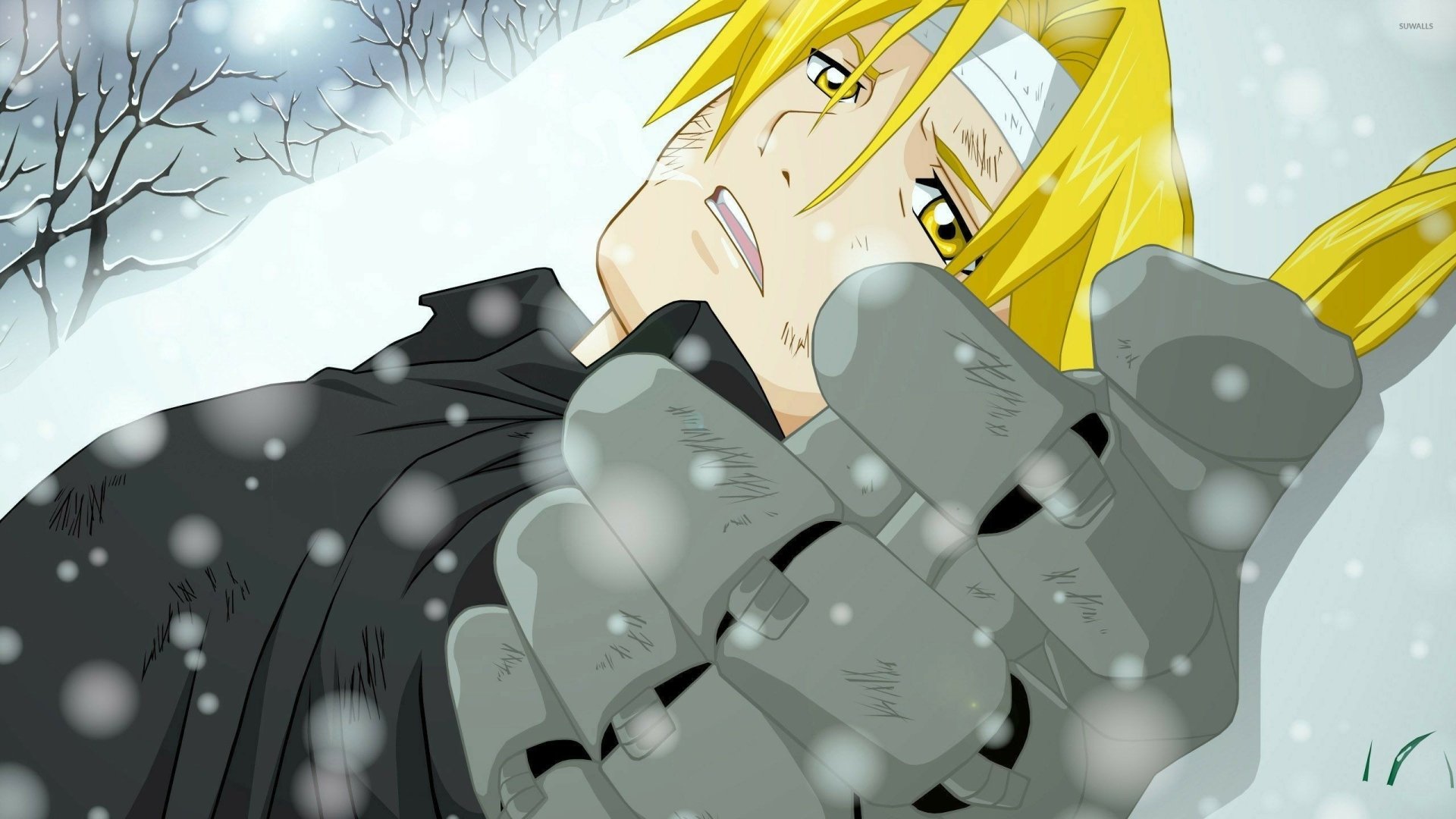 Fullmetal Alchemist anime 2K Quad HD desktop wallpaper: Edward Elric lying in snow, reaching out with his automail arm as snowflakes fall before bare winter trees.