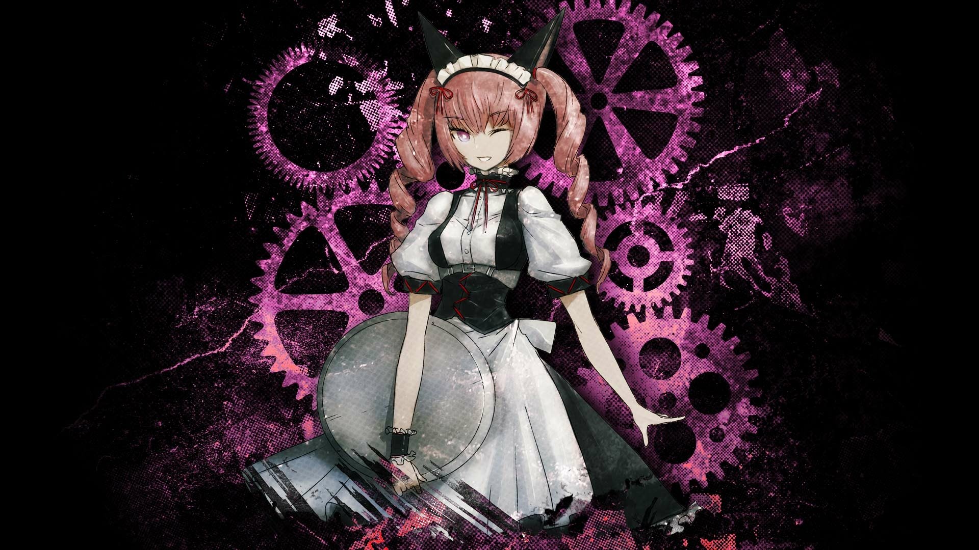 HD desktop wallpaper featuring Faris Nyannyan from the anime Steins;Gate. Faris is depicted in her iconic maid outfit against a dark background with vibrant pink gears.