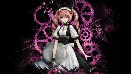 HD desktop wallpaper featuring Faris Nyannyan from the anime Steins;Gate. Faris is depicted in her iconic maid outfit against a dark background with vibrant pink gears.