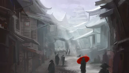 HD PC desktop wallpaper featuring a foggy Japanese village scene from the video game Shadow Tactics: Blades Of The Shogun, with figures walking and a prominent red umbrella.