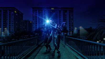 Anime Gantz:O HD PC desktop wallpaper and background — two glowing armored figures on a dark city bridge at night, blue light illuminating apartment towers behind.