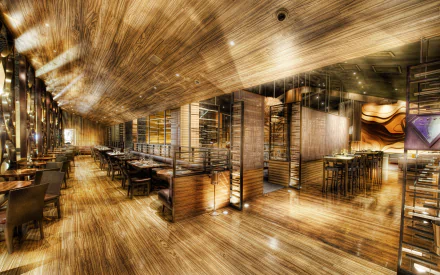 Elegant restaurant interior with tables and chairs, warm lighting, HD wallpaper.