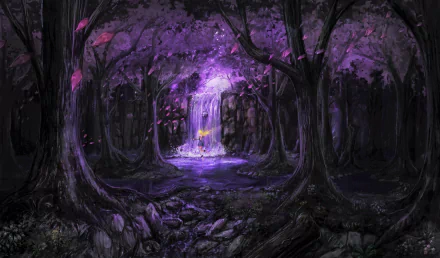 HD fantasy desktop wallpaper depicting a blonde fairy in a magical forest with purple trees. A glowing tree and a waterfall illuminate the mystical setting.