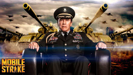 HD desktop wallpaper for Mobile Strike featuring Arnold Schwarzenegger in military uniform with tanks and helicopters in the background.