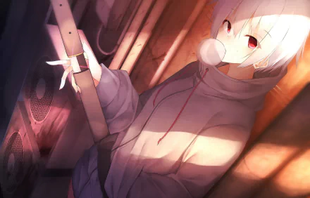 Anime-style HD desktop wallpaper of a white-haired character with red eyes in a hoodie, holding a katana, bathed in warm sunlight.