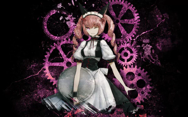 HD desktop wallpaper featuring Faris Nyannyan from the anime Steins;Gate. Faris is depicted in her iconic maid outfit against a dark background with vibrant pink gears.