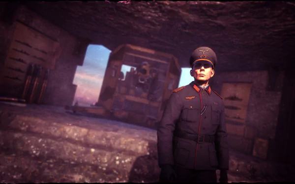 HD PC desktop wallpaper featuring a character from the video game Sniper Elite 4 standing in a dimly lit, rugged environment.