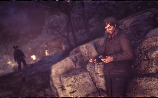 HD PC desktop wallpaper featuring a tense scene from the video game Sniper Elite 4 with a character holding a sniper rifle in a rocky, shadowy environment.