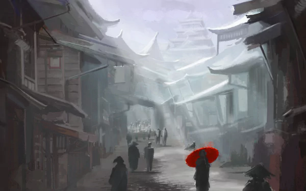 HD PC desktop wallpaper featuring a foggy Japanese village scene from the video game Shadow Tactics: Blades Of The Shogun, with figures walking and a prominent red umbrella.