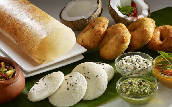 HD desktop wallpaper showcasing an Indian food spread with dosa, idli, vada, chutneys, and fresh coconut on a banana leaf.