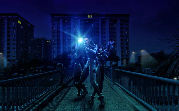 Anime Gantz:O HD PC desktop wallpaper and background — two glowing armored figures on a dark city bridge at night, blue light illuminating apartment towers behind.