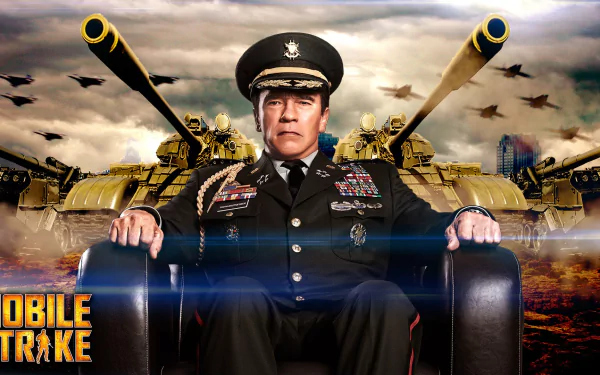 HD desktop wallpaper for Mobile Strike featuring Arnold Schwarzenegger in military uniform with tanks and helicopters in the background.