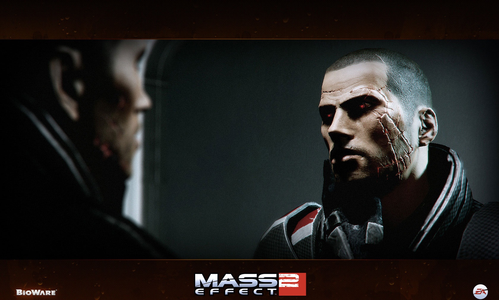 Commander Shepard, a scarred protagonist, in high-definition desktop wallpaper.