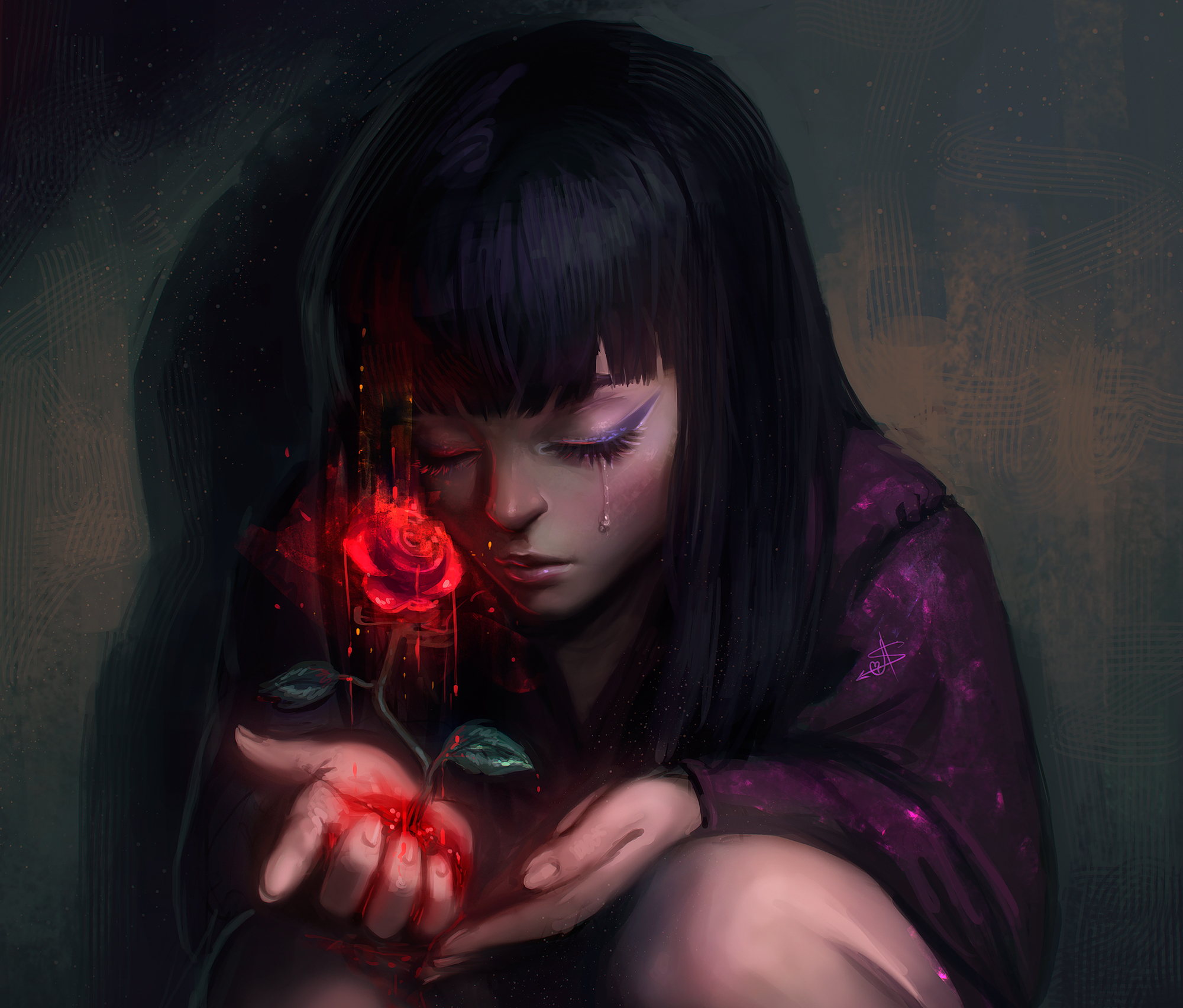 Sad Girl with Red Rose by Ayya Saparniyazova