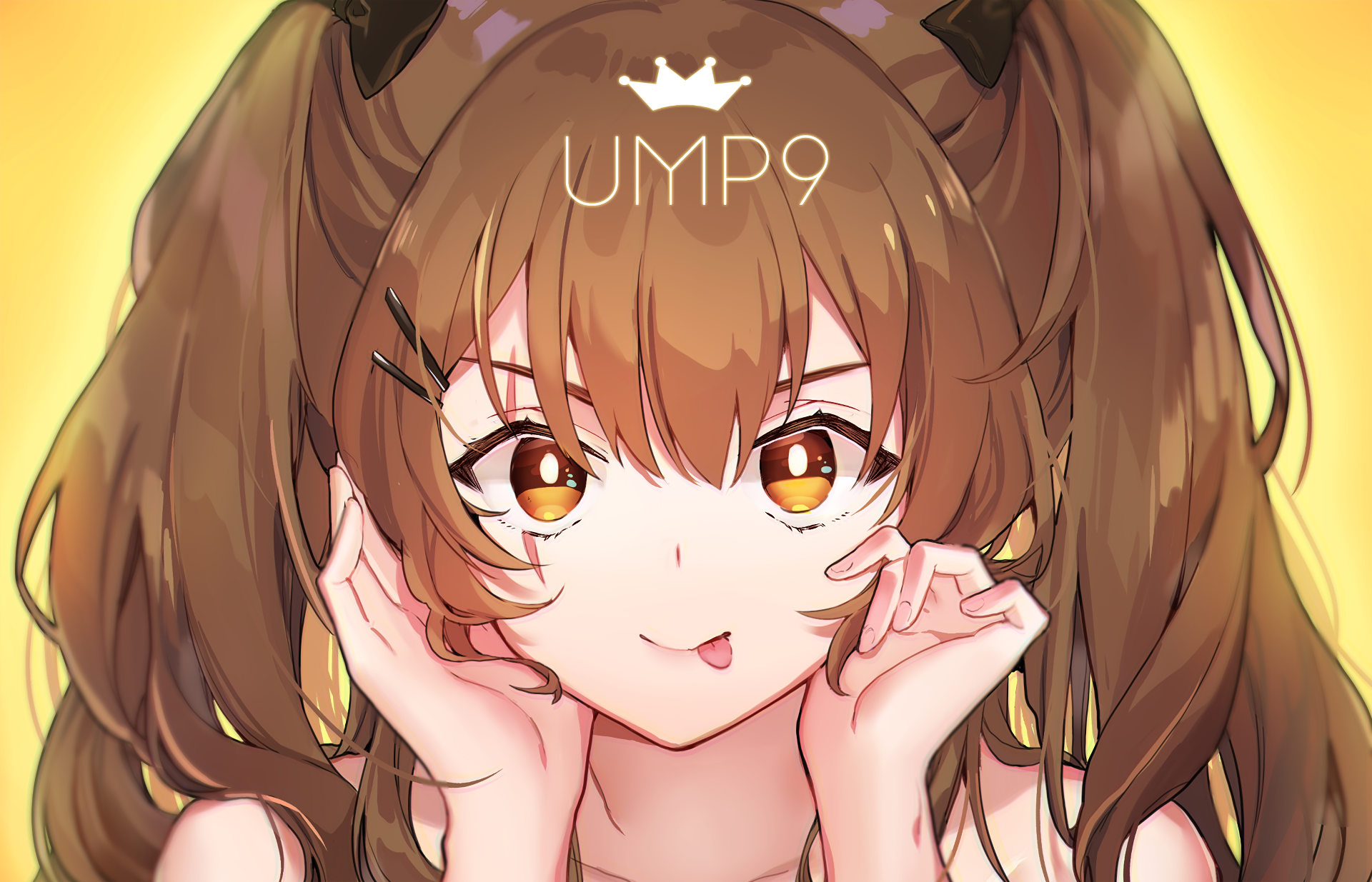 HD PC desktop wallpaper featuring UMP9 from the video game Girls Frontline with a cheerful expression and warm color palette.