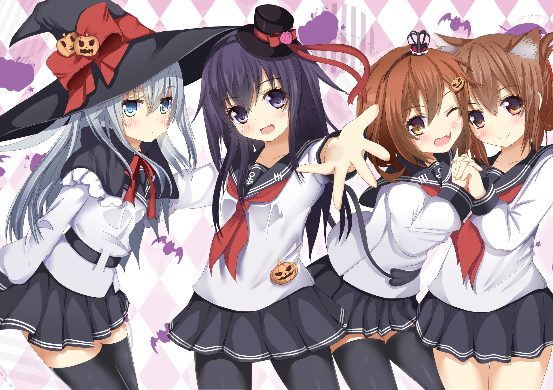 HD anime wallpaper featuring Ikazuchi, Inazuma, Akatsuki, and Hibiki from Kantai Collection, dressed in Halloween-themed school uniforms with playful expressions.