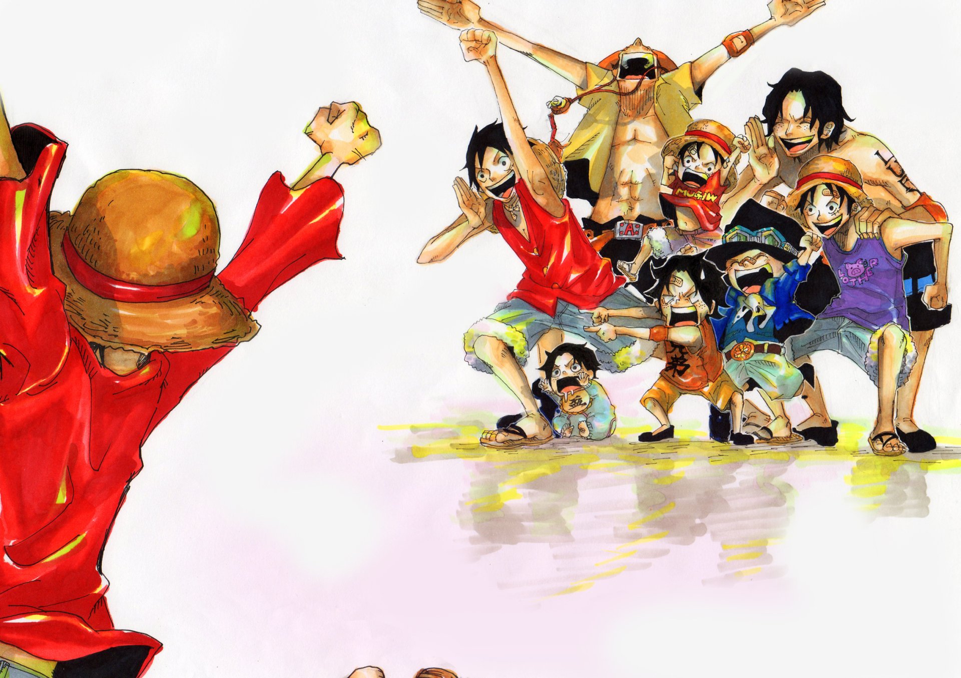 HD PC desktop wallpaper featuring Monkey D. Luffy, Portgas D. Ace, and Sabo from the anime One Piece in vibrant, dynamic poses.