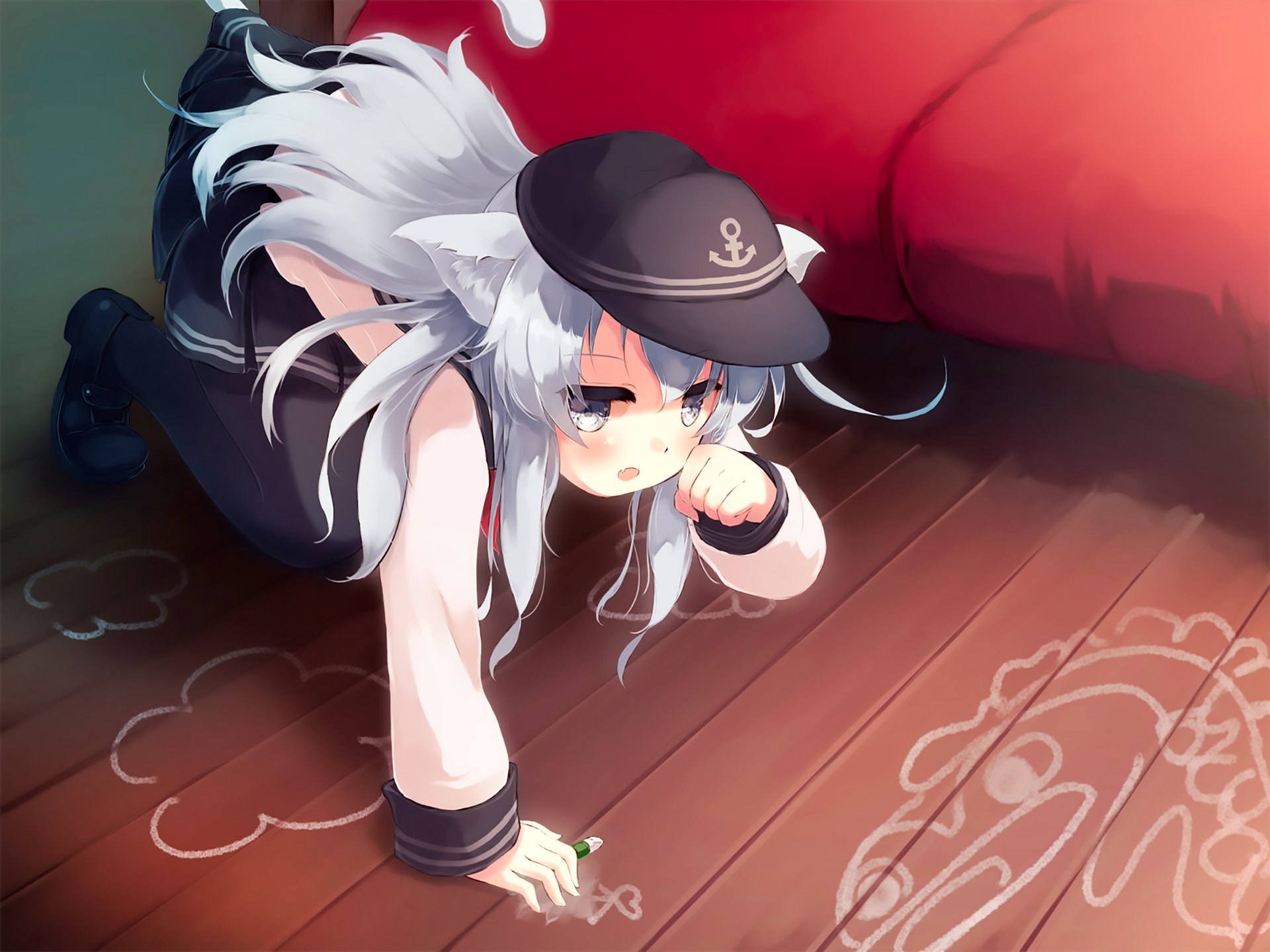 HD PC desktop wallpaper featuring Hibiki from Kantai Collection, depicted in anime style with a navy-themed outfit and soft lighting on a wooden floor background.
