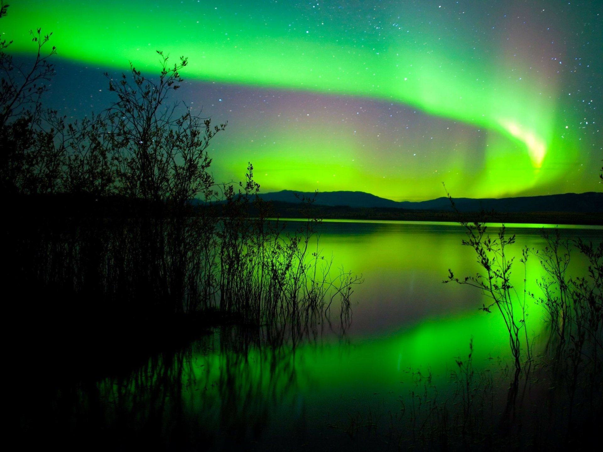 HD desktop wallpaper featuring vibrant green aurora borealis illuminating a tranquil lake surrounded by silhouetted trees under a starry night sky.