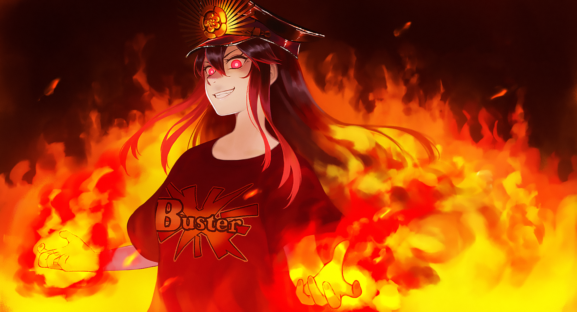 HD anime desktop wallpaper featuring Demon Archer Oda Nobukatsu from Fate/Grand Order, surrounded by flames with glowing red eyes and a confident smile.