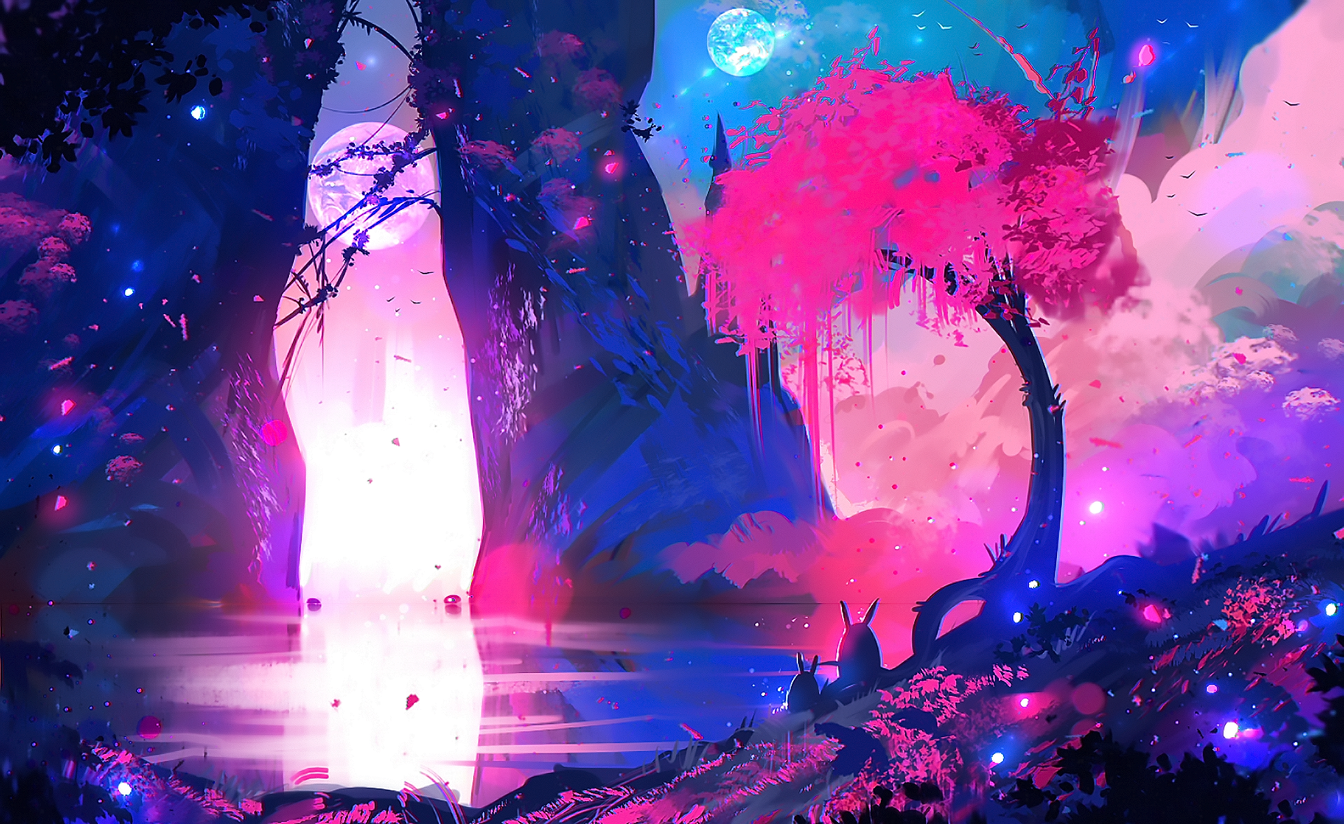 Vibrant anime-style HD desktop wallpaper depicting a mystical landscape with glowing pink tree, luminous water, and a bright moon in a fantasy original art scene.