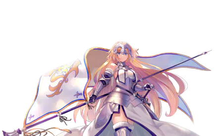 HD desktop wallpaper featuring Jeanne d'Arc from Fate/Grand Order, depicted as Ruler, donning armor and holding a flag, against a white background.