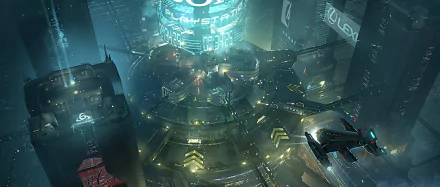 A futuristic sci-fi city at night with illuminated skyscrapers and aircraft hovering in a dynamic, high-tech urban environment, rendered in HD for PC desktop wallpaper.