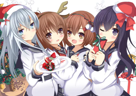 HD anime desktop wallpaper featuring Ikazuchi, Inazuma, Hibiki, and Akatsuki from Kantai Collection in festive holiday attire.