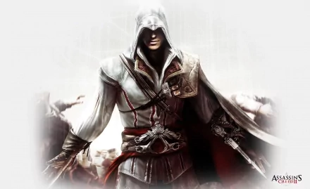 HD wallpaper featuring a character from Assassin's Creed II, displaying a cloaked figure with a determined expression, set against an atmospheric background.
