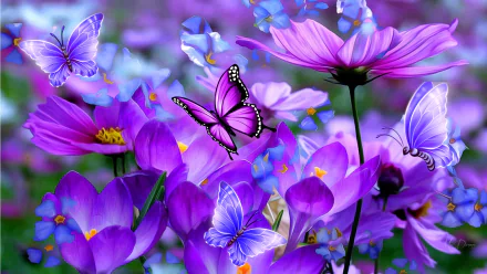 Artistic HD wallpaper featuring vibrant purple cosmos flowers and delicate butterflies.