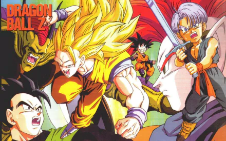 HD Dragon Ball Z anime desktop wallpaper featuring key characters in dynamic battle poses with vibrant colors and iconic Super Saiyan transformations.