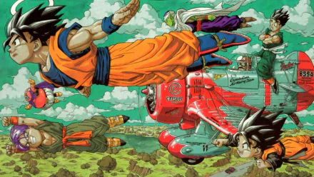 HD PC desktop wallpaper featuring Goku and other Dragon Ball Z characters flying and posing dynamically against a vibrant sky and landscape background.