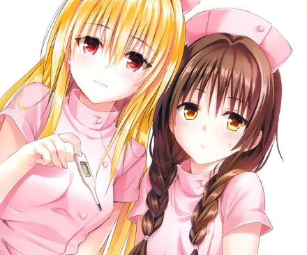 HD desktop wallpaper featuring Mikan Yuuki and Golden Darkness from the anime To Love-Ru, dressed as nurses, depicted in a vibrant anime style with detailed expressions and nurse outfits.