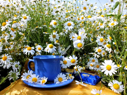 2K Quad HD PC desktop wallpaper: summer still life of white chamomile daisies and green stems surrounding a bright blue cup and saucer on a table.